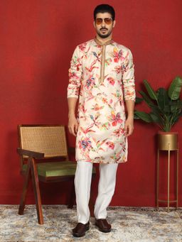 KRAFT INDIA LUXE - Cream Cotton Silk Floral Kurta With Pant