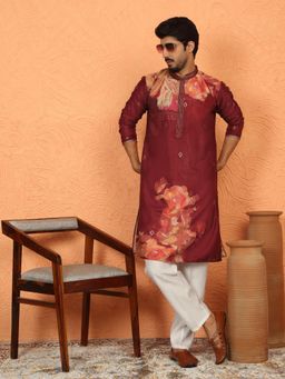 KRAFT INDIA LUXE - Maroon Cotton Silk Floral Kurta