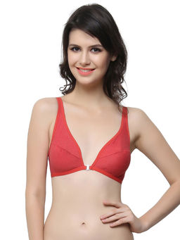 Clovia - Cotton Rich Solid Non-Padded Full Cup Wire Free Plunge Bra - Light Red