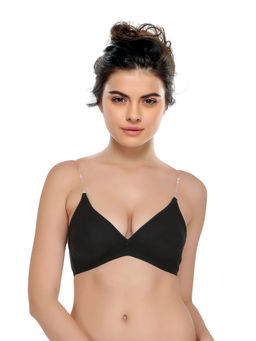 Clovia - Cotton Rich Solid Non-Padded Demi Cup Wire Free Plunge Bra - Black