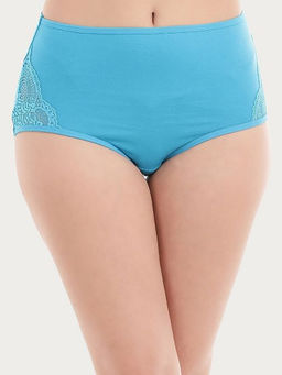 Clovia - Cotton High Waist Hipster Panty With Lace Panel - Blue