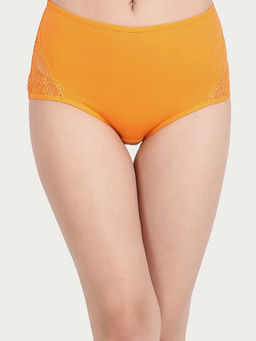 Clovia - Cotton High Waist Hipster Panty With Lace Panel - Orange