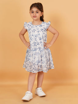 Creative Kids - Girl Polyester Floral Print Frill Sleeve Knee Length Dress - Blue