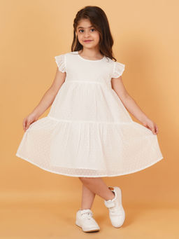 Creative Kids - Girl Polyester Dobby Self Design Frill Sleeve Knee Length Dress - White