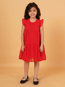 Creative Kids - Girl Polyester Dobby Self Design Cap Sleeve Knee Length Dress - Red