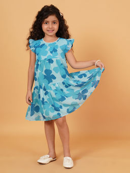 Creative Kids - Girl Polyester Floral Print Cap Sleeve Knee Length Dress - Blue