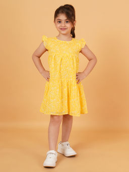 Creative Kids - Girl Polyester Floral Print Frill Sleeve Knee Length Dress - Yellow