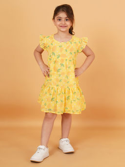 Creative Kids - Girl Polyester Printed Frill Sleeve Knee Length Dress - Yellow