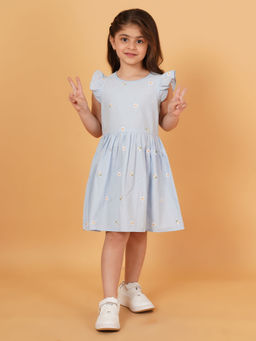 Creative Kids - Girl Cotton Floral Embroidered Frill Sleeve Knee Length Dress - Blue