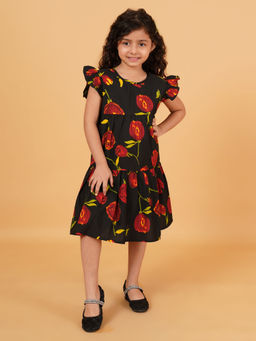 Creative Kids - Girl Cotton Floral Print Frill Sleeve Knee Length Dress - Black