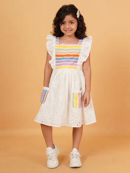 Creative Kids - Girl Cap Sleeve Knee Length Dress with Front Pocket - White
