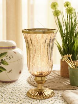 Pure Home + Living - Gold Ribbed Hurricane with Short Stand - Large