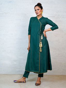 Fabnest - Dark Green Cotton Blend Lurex Angarkha Kurta Paired With Straight Pants (Set of 2)