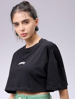 Freehand - Women Black Solid Boxy Fit T-Shirt