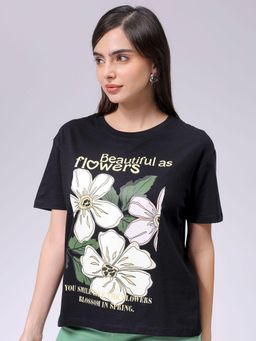 Freehand - Women Black Floral Relaxed Fit T-Shirt