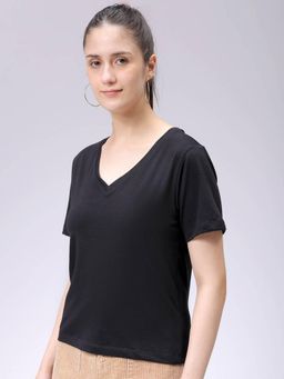 Freehand - Women Black Solid Regular Fit T-Shirt