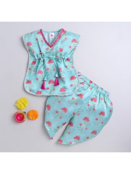 Many Frocks - Sea Green Satin Kaftan Top with Floral Printed Dhoti