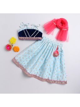 Many Frocks - Blue Sleeveless Embellished Lehenga Choli with Dupatta