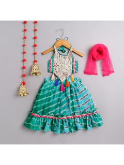 Many Frocks - Green Sleeveless Tie and Dye Embroidered Lehenga Choli with Dupatta