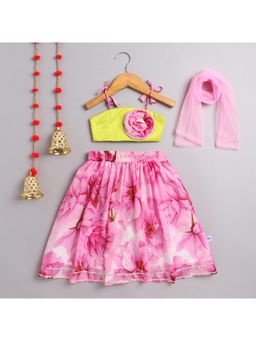 Many Frocks - Pink Georgette Floral Sleeveless Lehenga and Choli with Dupatta