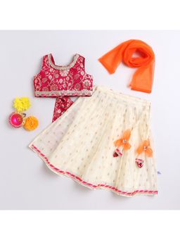 Many Frocks - Red Brocade and Chanderi Sleeveless Woven Lehenga Choli with Dupatta