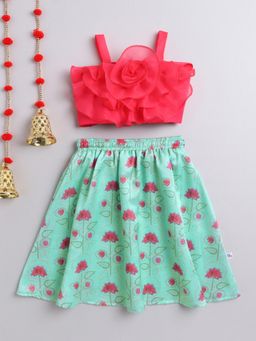 Many Frocks - Red Sleeveless 3D Flower Embellished Lehenga and Choli