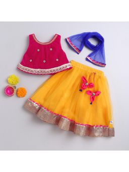 Many Frocks - Pink Velvet Beads Embellished Lehenga Choli with Dupatta