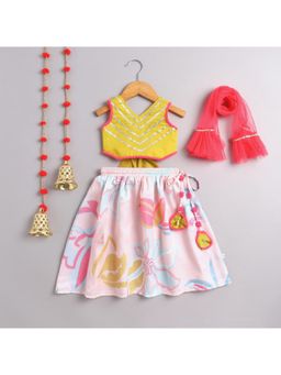 Many Frocks - Yellow Gota Work Choli with Flower Printed Lehenga and Dupatta