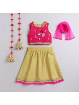 Many Frocks - Pink Cotton Embroidered Choli and Lehenga Choli Dupatta