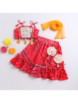 Many Frocks - Red Sleeveless Tie and Dye Embroidered Lehenga Choli with Dupatta