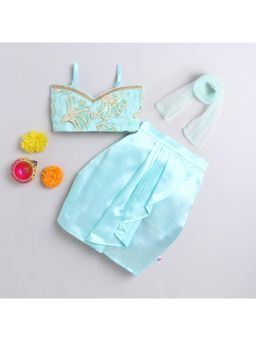 Many Frocks - Sea Green Satin Embellished Embroidered Lehenga Choli with Dupatta