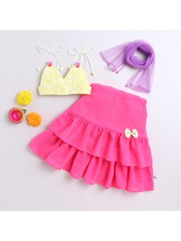 Many Frocks - Yellow Sleeveless Floral Embellished Lehenga Choli and Dupatta