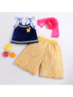 Many Frocks - Navy Blue Velvet Embellished Top with Palazzo and Dupatta