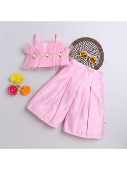 Many Frocks - Pink Satin Sleeveless Lace and Embellished Top and Palazzo