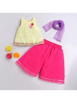 Many Frocks - Yellow Sleeveless 3D Flower Embellished Top with Palazzo and Dupatta