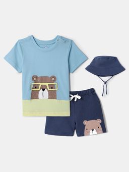 Nautinati - Blue Bear Printed T-Shirt and Shorts with Hat