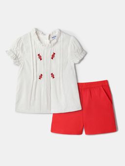 Nautinati - Embroidered White Top and Red Shorts for Girls
