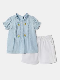 Nautinati - Embroidered Blue Top and White Shorts for Girls
