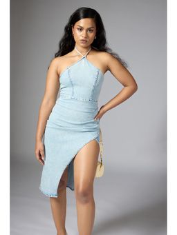 FREAKINS - Olivia Halter Neck Slit Denim Dress