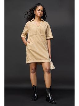 FREAKINS - Tan Beige Denim Boxy Shirt Dress