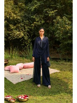 Ajiesh Oberoi - Navy Blue Jhilmil Tunic with Palazzo (Set of 2)