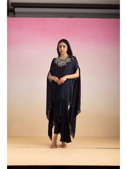 Ajiesh Oberoi - Navy Blue Rhythm Cape Sleeve Tunic with Skirt (Set of 2)