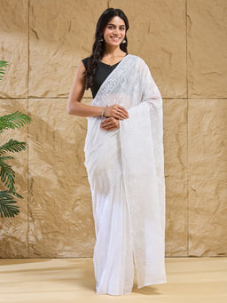 Fabindia - White Cotton Blend Embroidered Chikankari Saree Without Blouse Piece