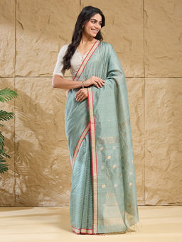 Fabindia - Sea Green Jamdani Checks Woven Saree Without Blouse Piece