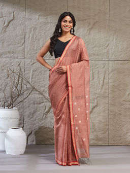 Fabindia - Peach Jamdani Checks Woven Saree Without Blouse Piece