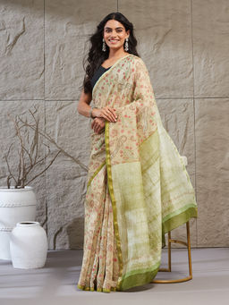 Fabindia - Green Cotton Silk Paisley Hand Block Printed Saree Without Blouse Piece