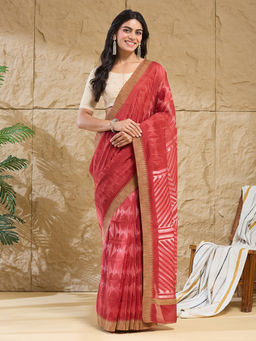 Fabindia - Red Cotton Silk Tie-Dye Saree Without Blouse Piece