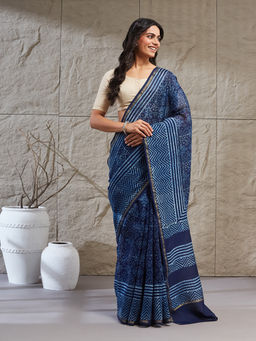 Fabindia - Indigo Cotton Silk Hand Block Printed Saree Without Blouse Piece
