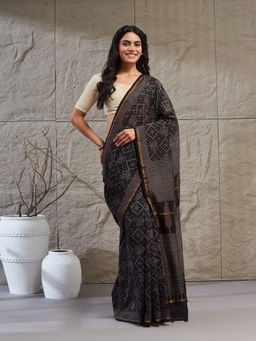 Fabindia - Black Floral Ajrakh Printed Saree Without Blouse Piece