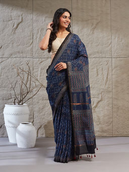 Fabindia - Blue Floral Ajrakh Printed Saree Without Blouse Piece